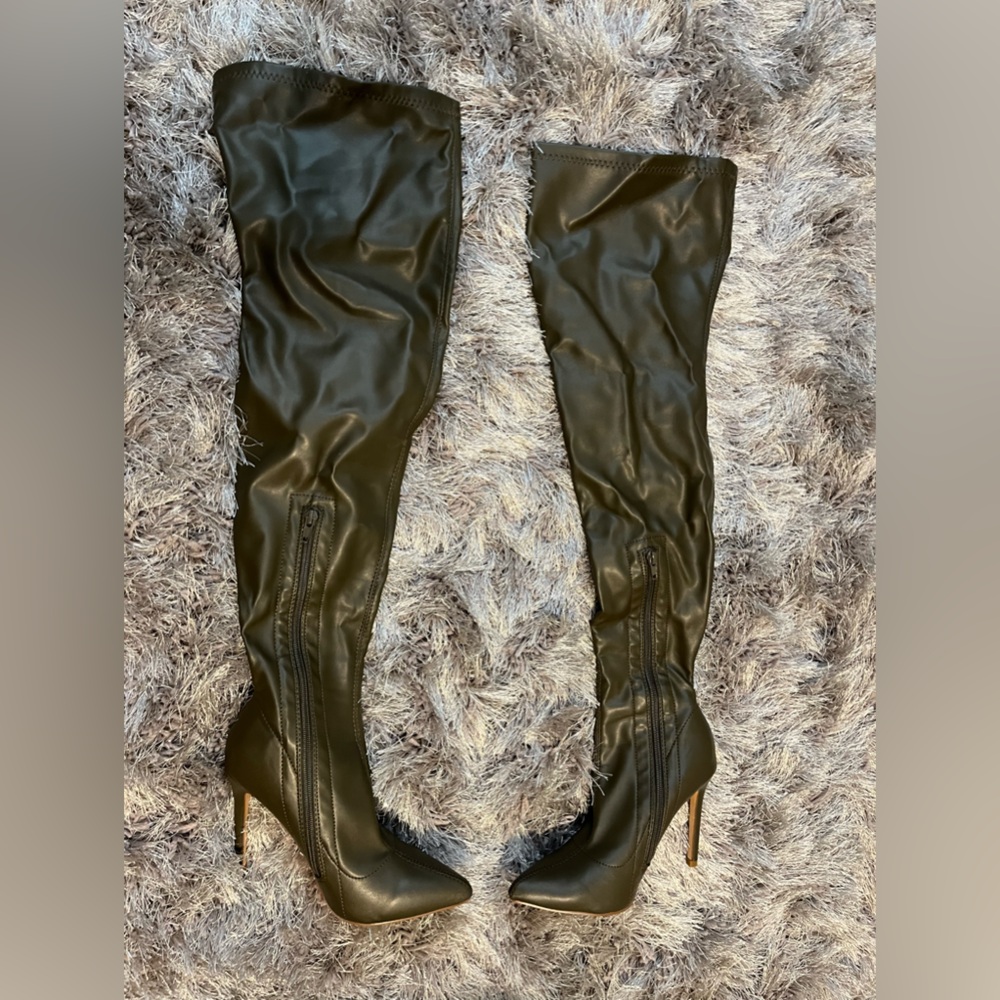 Thigh high green olive heeled boots